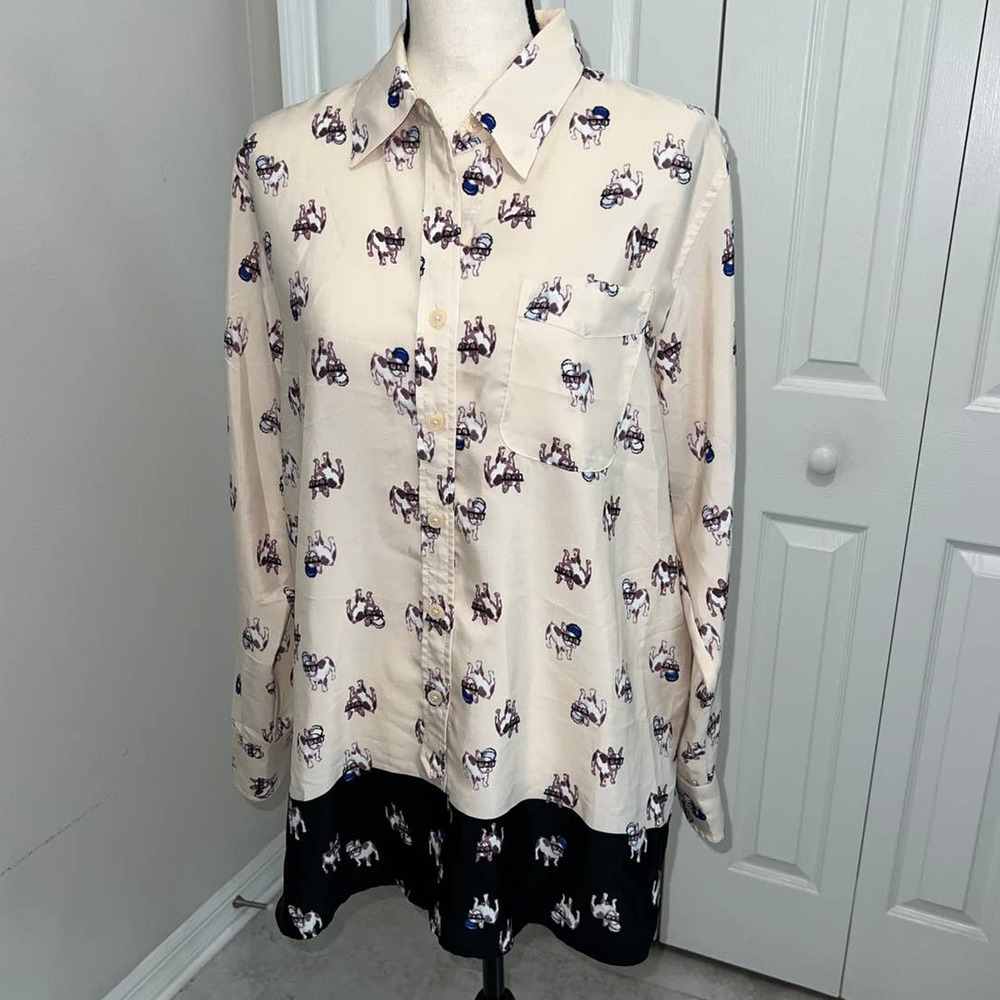Ellen Tracy two tone french bulldog with glasses long sleeve blouse - S